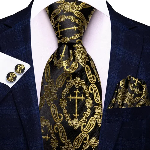 Miniatura 313 de Hi-Tie Corbata clásica de cachemira para hombre con pañuelo y gemelos a cuadros