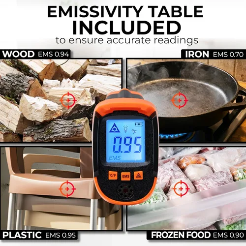 Miniatura 7 de Kizen LaserPro LP300 - Termómetro infrarrojo sin contacto, pistola de temperatura láser digital con pantalla LCD -58.0 °F ~ 1,112.0 °F, emisividad