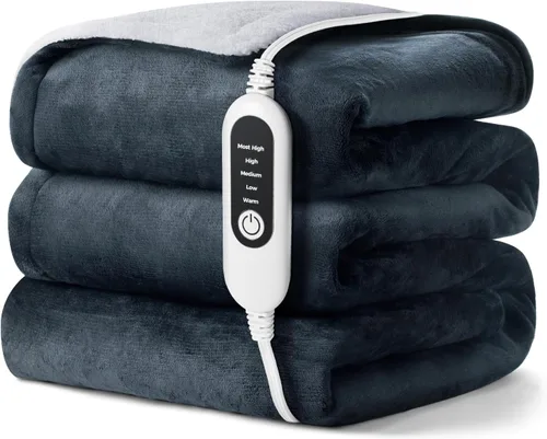 Manta térmica eléctrica, manta térmica de tela de franela suave con ajuste de temperatura de 5 niveles, lavable a máquina, calefacción de doble cara