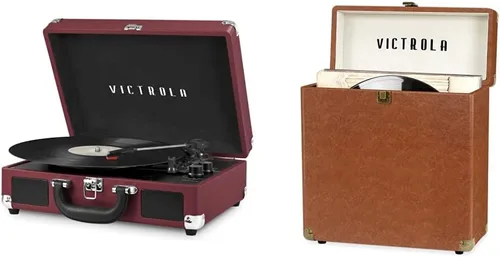 Victrola Tocadiscos portátil vintage con Bluetooth de 3 velocidades con altavoces integrados, color blanco (VSC-550BT-WH) y estuche de transporte y