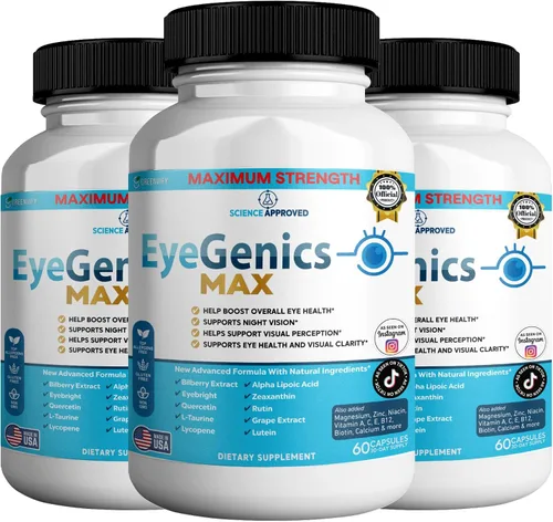 Miniatura 8 de EyeGenics Max Vision Support Supplement, 60 cápsulas, fórmula de salud ocular de máxima fuerza con luteína, extracto de arándano, vitaminas (1)