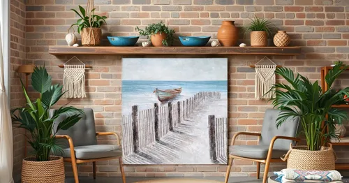 Miniatura 5 de Yihui Arts - Lienzo decorativo para pared de playa con diseño de bote azul y gris costero náutico cuadrado, pintura artística para decoración