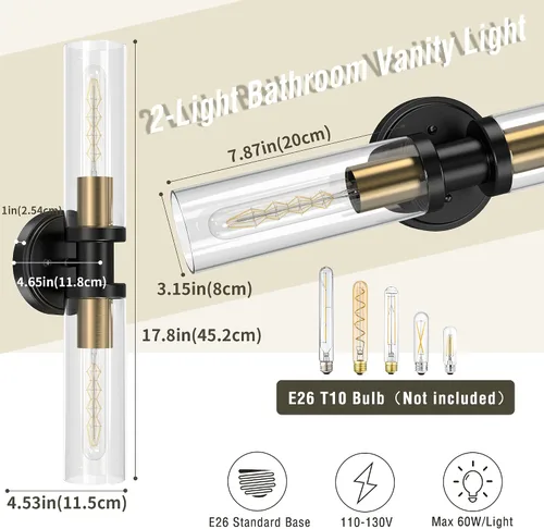 Miniatura 2 de Lámparas de baño de 2 luces negras y doradas, luces de tocador de baño sobre espejo, apliques de pared, iluminación industrial, accesorios