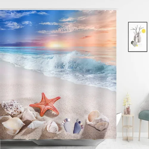 Miniatura 2 de Seashell - Cortina de ducha de playa con estrellas de mar y cielo azul, decoración de baño, 72 x 72 pulgadas con ganchos