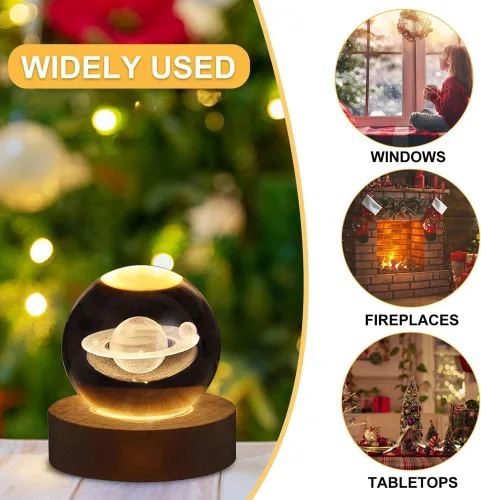 Miniatura 6 de Luz nocturna LED de bola de cristal, sistema de la Vía Láctea, lámpara de noche de cristal grabada en 3D con base de madera, carga USB