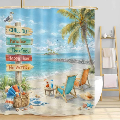 Miniatura 5 de NYMB Cortina de ducha de agua de mar, tela de poliéster, náutica de verano, tropical, olas sobre un azul y blanco ventoso, decoraciones de baño