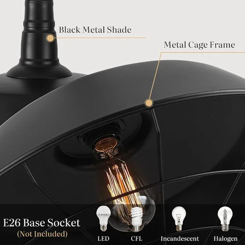 Miniatura 4 de Lámpara colgante negra de granja, luces colgantes grandes de 18.1 pulgadas, isla de cocina, lámpara colgante industrial con jaula de alambre, luz