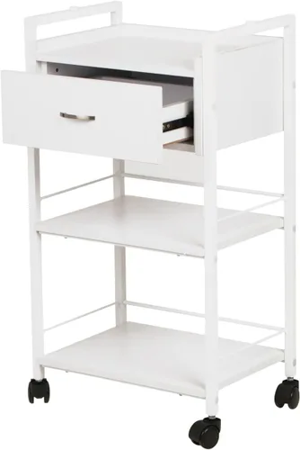 Miniatura 8 de Buy-Rite Jenny Trolley Carrito de 3 niveles para spas, esteticistas y salones, organizador de madera blanca con cajón, estantes abiertos, agujeros