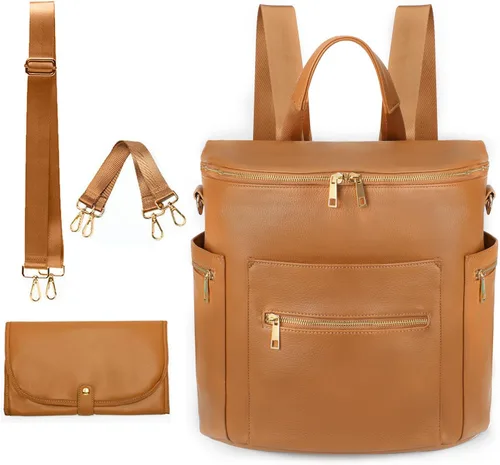 Bolsa de pañales, mochila de cuero para pañales de MF Store, mochila de pañales con funda para portátil, cambiador, bolsa de toallitas, correas para