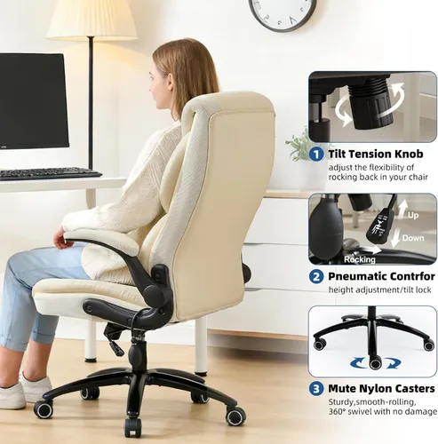 Miniatura 7 de Silla ergonómica de oficina para juegos, cómoda, silla de escritorio de cuero transpirable con soporte lumbar y soporte para la espalda, cómoda Beige