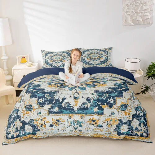 Miniatura 4 de Erosebridal Juego de ropa de cama bohemio individual, funda de edredón de mandala azul verde azulado para hombres y mujeres, funda de edredón retro