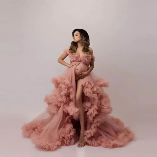 Miniatura 4 de UZN Vestidos de maternidad de tul con hombros descubiertos para sesión de fotos, batas largas hinchadas, vestido de embarazo transparente para baby