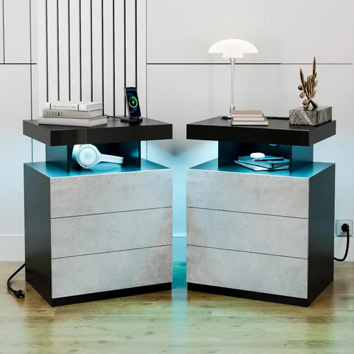 Miniatura 22 de HOMMPA Mesita de noche negra con estación de carga inalámbrica, mesita de noche de alto brillo con 3 cajones, mesa auxiliar con carga USB tipo C