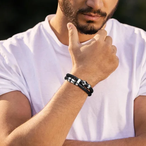 Miniatura 3 de TempBeau Pulsera de cuero genuino de fútbol para hombre, pulsera de cuero trenzado para niño, pulsera de cuero negro, regalos para papá, Acero