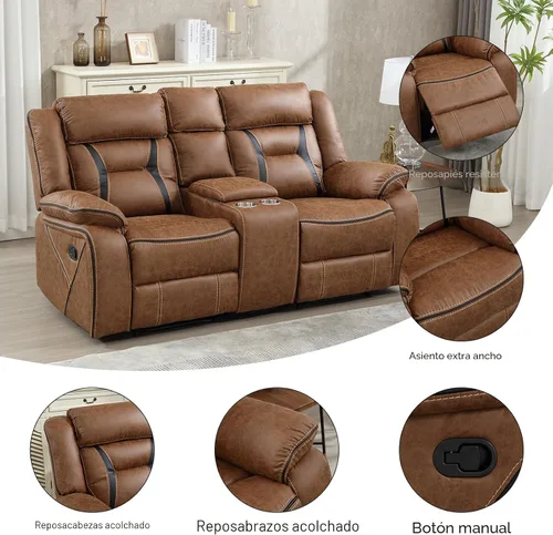 Miniatura 3 de EBELLO Sillón reclinable manual de imitación de cuero, sofá reclinable de 2 plazas con consola central, almacenamiento oculto y portavasos, sillón