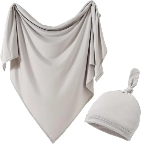 Miniatura 14 de Juego de manta de algodón de punto para bebé con gorro y diadema para recién nacido, mantas de recepción para bebé, niña y niño, 35 x 35 pulgadas