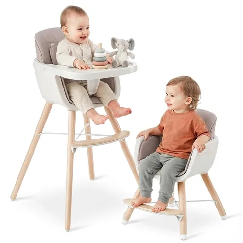 Miniatura 9 de Mallify Silla alta de madera 3 en 1, sillas altas convertibles para bebés y niños pequeños, silla alta para bebé con patas ajustables y bandeja apta