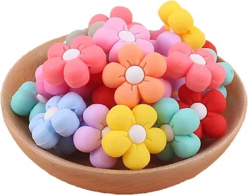 Decoendiy 15 cuentas de silicona de flores de margarita, cuentas coloridas en forma de girasol, cuentas planas de dibujos animados, cuentas