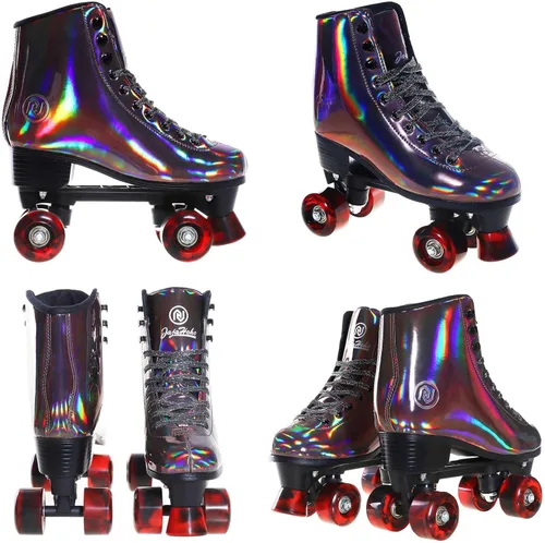 Miniatura 5 de JajaHoho Patines de ruedas para mujer, de cuero PU holográfico negro de alta calidad, patines de doble fila brillantes con cuatro ruedas para niñas