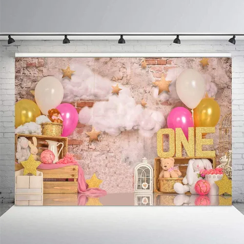MEHOFOND Globo de oro rosa de 7 x 5 pies para fiesta de primer cumpleaños, telón de fondo para fiesta de primer cumpleaños, dulce uno, retro, pared