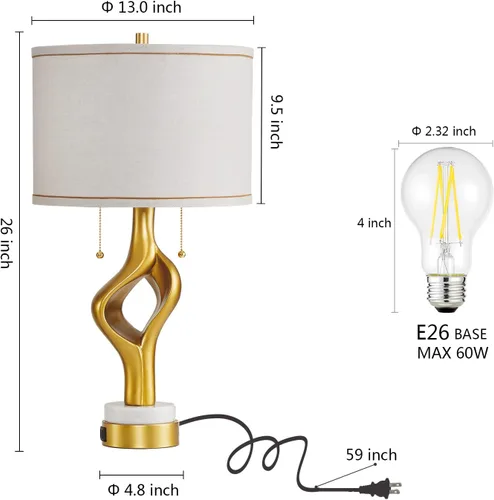 Miniatura 6 de Juego de 2 lámparas de mesa modernas de 26" para sala de estar y dormitorio, lámpara de mesa escultórica dorada con 2 puertos USB, lámparas