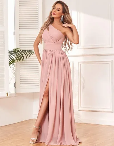 Miniatura 3 de MXODI One Shoulder Bridesmaid Dress with Slit Chiffon Long Formal Dresses with Pockets