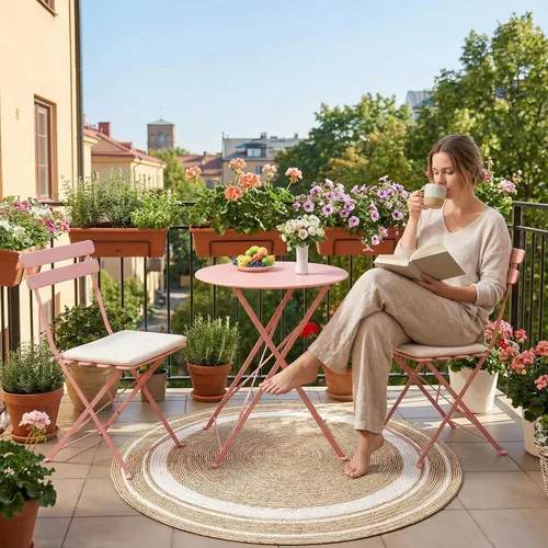 Miniatura 2 de Juego de 3 piezas de muebles de patio para exteriores, mesa y sillas plegables con marco de acero de primera calidad, resistente a la intemperie