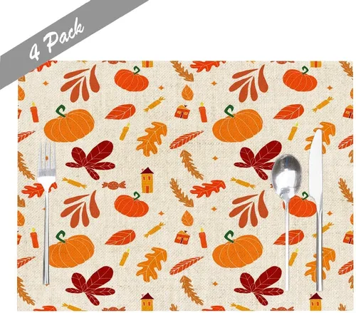 Miniatura 2 de Mrcrypos Juego de 4 manteles individuales de otoño, Halloween, Acción de Gracias, fáciles de limpiar, juego de 4 manteles individuales lavables