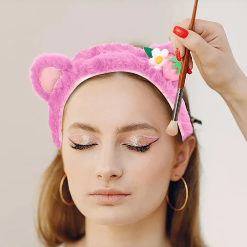 Miniatura 6 de CAVETEE Diadema, juego de 3 piezas de diadema y pulsera de oso de peluche rosa esponjoso para maquillaje para mujeres, juego de diadema y pulsera
