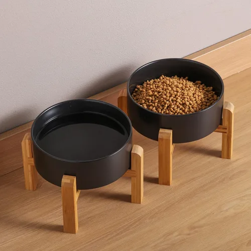 Miniatura 6 de Cuenco negro elevado/alzado de cerámica para perros con soporte de madera para razas medianas y grandes, plato de comida y agua para perros pesado