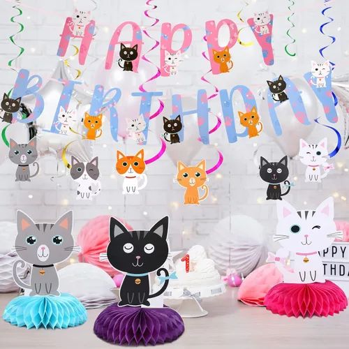 Miniatura 4 de Chinco Kit de 16 Piezas de Suministros de Fiesta de Cumpleaños con Tema de Gato, Incluye Bandera de Fiesta de Gato con 6 Recortes Colgantes, 6