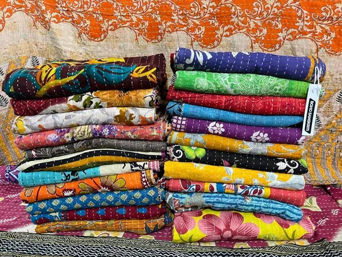 Boho Sanskriti Colchas Vintage, Mantas, Ralli, Lot Kantha Cubrecamas Reversible, Colcha, Manta de Algodón, Manta Gudari, Manta Kantha (Paquete de 1)