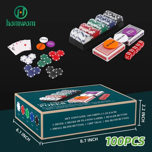 Miniatura 4 de Homwom Juego de póquer para viajar, 100 piezas, 5 colores, fichas de póquer profesionales en caja de regalo de cartón, fichas de póquer de casino