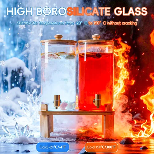 Miniatura 3 de Paquete de 2 dispensadores de bebidas de vidrio de 1.5 galones para fiestas, dispensador de bebidas con soporte de madera, dispensadores de agua
