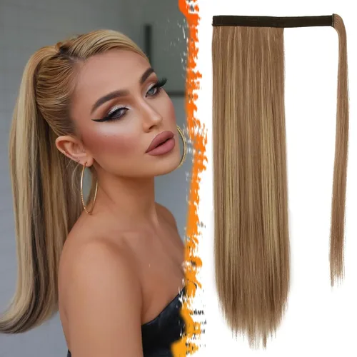 Miniatura 15 de BARSDAR Extensión de cola de caballo de 28 pulgadas largo recto envoltura alrededor del clip en pelo de fibra sintética para mujeres, negro
