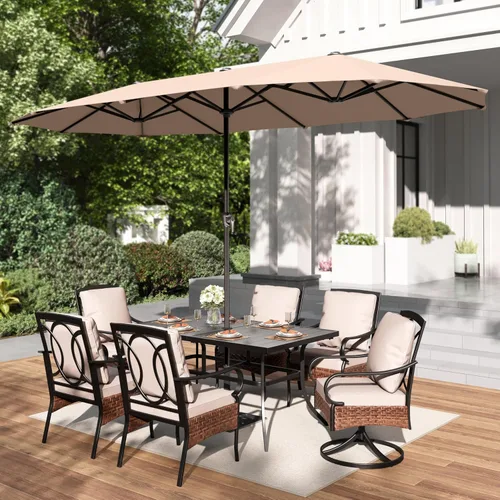 Miniatura 2 de PHI VILLA Sombrilla Grande de Patio de 13 Pies de Doble Cara Gemela para Mercado Exterior con Manivela, Beige