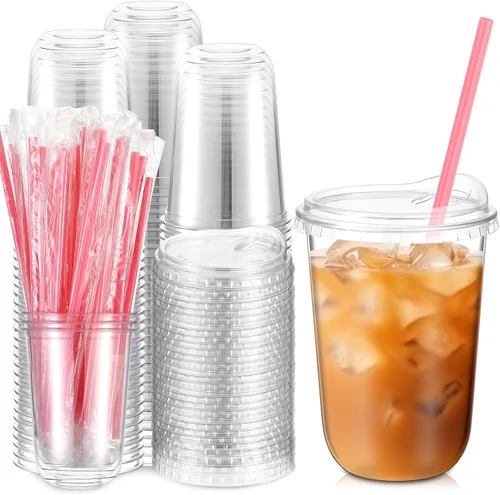 Miniatura 11 de Ziliny Juego de 25 vasos de plástico transparente con pajitas rosas en forma de corazón y tapas sin popote, vasos desechables para mascotas de fondo