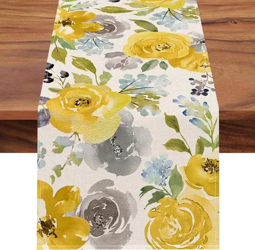 Seliem Camino de mesa de flores florales amarillas primaverales, peonía rosa, acuarela, decoración de mesa de comedor, arpillera de verano de