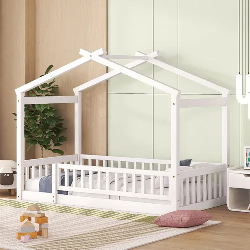 Miniatura 12 de MERITLINE Cama individual Montessori para niños, marco de cama individual Montessori con rieles y techo, no necesita somier, para niños, Gris