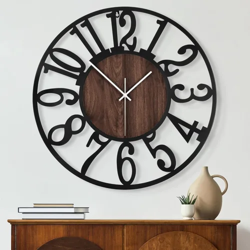 Maxstar Reloj de Pared Redondo para Decoración de Sala de Estar Operado con Batería Sin Tictac Silencioso Vintage Negro Metal Madera Relojes para