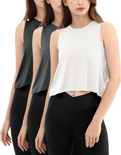 Miniatura 25 de ODODOS Paquete de 3 camisetas sin mangas sueltas para mujer, camisetas sin mangas para gimnasio, atletismo, entrenamiento, camisetas de yoga