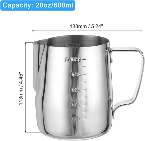 Miniatura 2 de uxcell Jarra de espuma de leche con líneas de escala, jarra de vapor de café de acero inoxidable de 20 oz/20.3 fl oz, accesorios para máquina