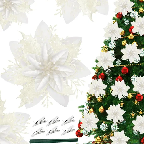 Miniatura 8 de 16 decoraciones artificiales de flor de pascua con purpurina de oro rojo – adornos de Navidad de flor de pascua roja y decoración de árbol
