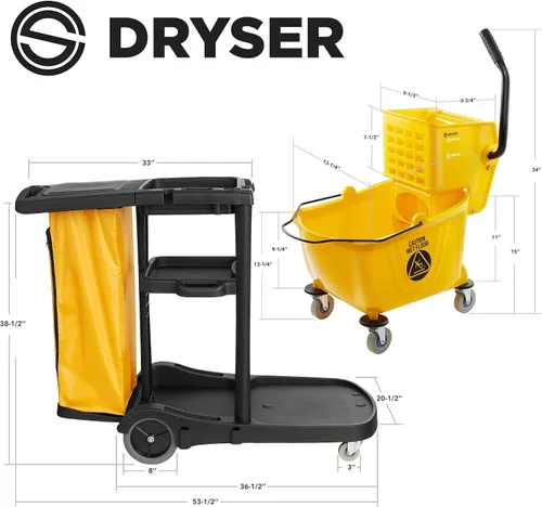 Miniatura 7 de Dryser Carrito de limpieza comercial con ruedas con tapa, estantes y bolsa de vinilo y cubo de fregona comercial con escurridor de prensa lateral