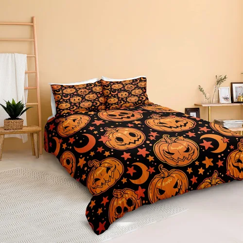 Miniatura 9 de Juego de funda de edredón de calabaza para Halloween, divertido diseño de calabaza malvada, color negro, juego de ropa de cama Tiwn 1 funda