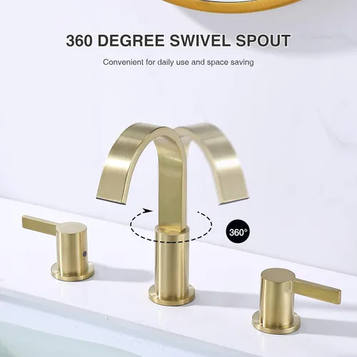 Miniatura 4 de TRUSTMI Grifo de baño dorado cepillado de 8 pulgadas, 3 agujeros, 2 manijas, latón con boquilla giratoria de 360 grados, drenaje de desbordamiento
