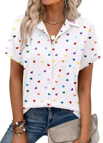 Miniatura 20 de Zeagoo Camisa de manga corta con botones para mujer, cuello en V, elegante, casual, para negocios, trabajo, con bolsillo, S-XXL