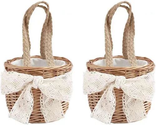 Cestas de flores para niñas, 2 paquetes de cestas de flores tejidas rústicas portátiles para niños, cestas de mimbre hechas a mano de 5.1 pulgadas