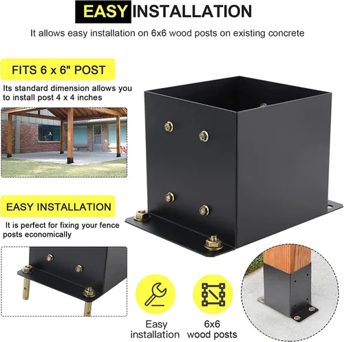 Miniatura 6 de Base de poste de 6 x 6 piezas, tamaño interior de 5.6 x 5.6 pulgadas, base de poste de cubierta de metal resistente con recubrimiento de polvo