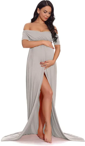 Miniatura 2 de ZIUMUDY Vestido largo de maternidad con hombros descubiertos y fruncido con abertura frontal